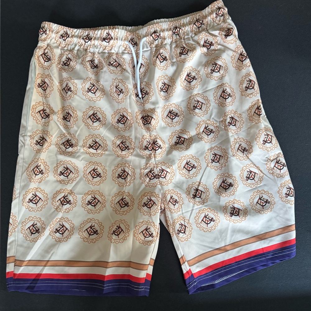 Cream Logo Print Silk Shorts with Striped Hem